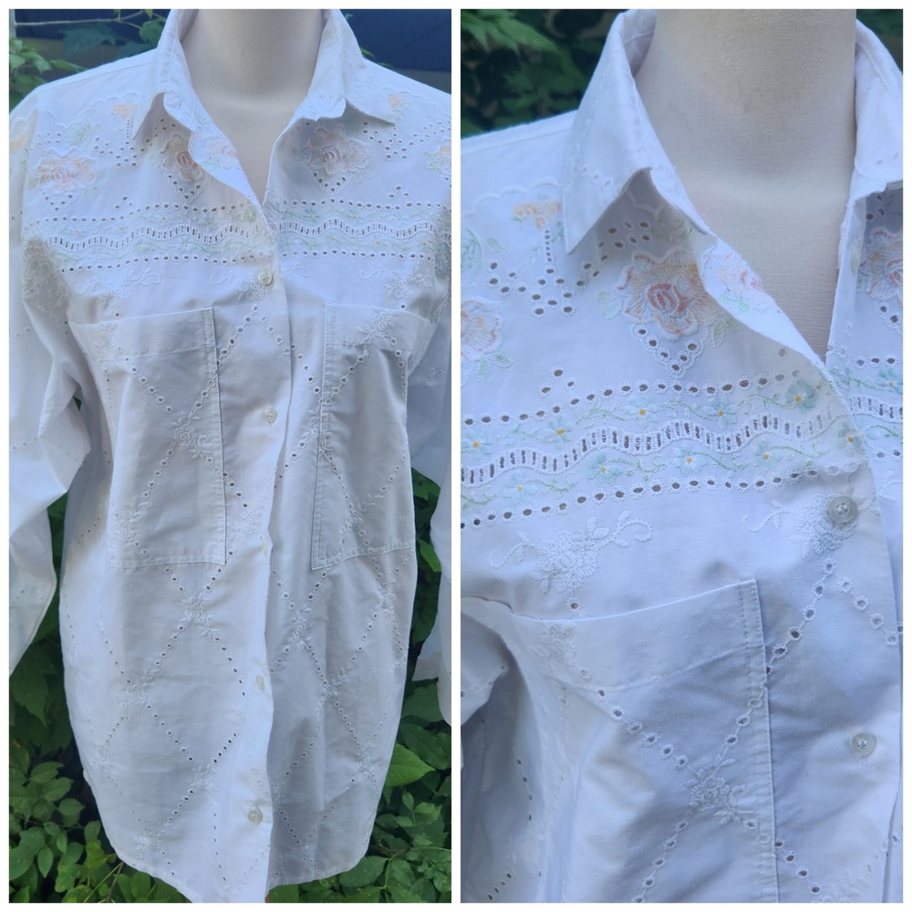 Embroidered Floral Eyelet Shirt Top Long Sleeve‎ Button Down Cottagecore coastal